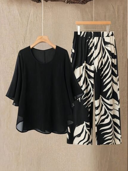 Plus Size - 2pcs Plus Size Women Set: Chiffon Batwing Sleeve Top And Plant Print Long Pants