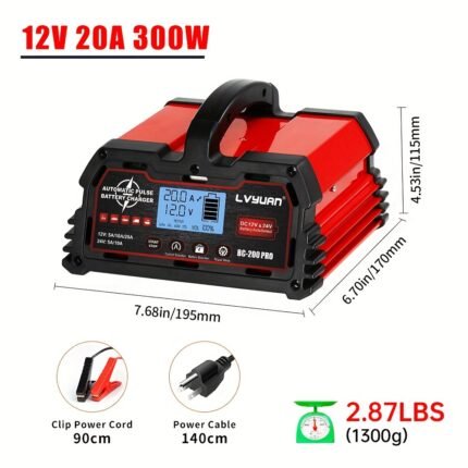 20A Car Battery Charger, Fully Automatic For Lead-Acid Batteries (12V/24V) And Lithium Iron Phosphate Batteries (12V), Smart Trickle Charger, AGM Deep Cycle Battery Charger, Suitable For Lawnmowers, Motorcycles, AGM, STD, Gel, EFB, Etc, Without Battery