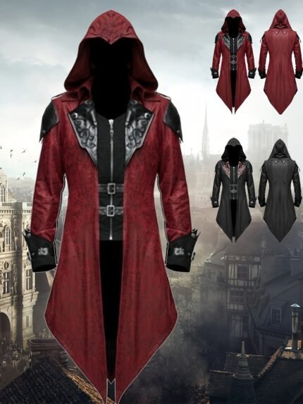 3pcs Gothic Assassin Cosplay Costume Set - Men'S Vintage Red & Black Polyester Coat with Embroidered Details, Ditsy Floral Pattern, V-neck Collar, Slight Stretch, Loose Fit - Steam Punk Style Hooded Jacket with 2 Wristbands