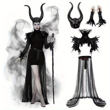 4pcs Halloween Dark Queen - Elegant Gothic Witch Dress with Cowl, Wings, Lace Sleeves & Feather Shawl, Black Mesh Poncho for Halloween Parties, Balls, Themed Events - All-Season Formal Attire, Halloween Costumes, Themed Event Attire, Dramatic Silhouette, Intricate Detailing, Party Attire, Highquality Fabric, Cosplay Enthusiasts