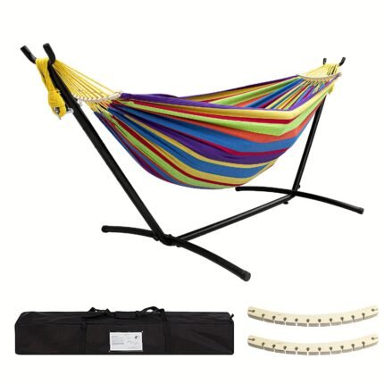 Heavy-Duty Double Hammock with Stand - Extra Long Hanging Bed, 450lb Capacity Steel Frame, Anti-Roll Balance Beams & Carry Bag - Sturdy /Indoor Hanging Chair for Backyard, Patio, Camping - Easy Assembly - Ideal for Adults & Couples - Includes Premium Carry Bag & Two Anti-Roll Beams - Durable Steel Construction - Comfortable Double Hammock for, Indoor Hammock With Stand Included, Camping Equipment And Accessories, Triangle Hammock, Hammocks For Outside With Stand,