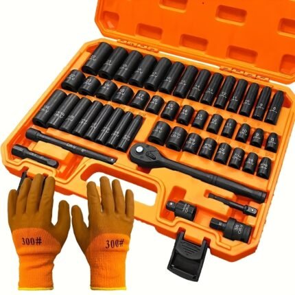 3/8" Drive Impact Socket Set, 50pcs Standard SAE (5/16 To 3/4 Inch) And Metric (8-22mm) Size, 6 Point, Cr-V, 3/8-Inch Drive Ratchet Handle, Drive Extension Bar, Impact Universal Joint. With Gloves