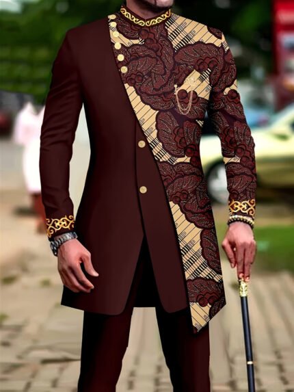 Men'S Formal & Everyday Two-Piece Suit - Elegant Brown & Golden Accent Business Casual Outfit, Loose Fit Non-Stretch Fabric, Button-Up Blazer & Pants for Weddings, Office, Parties - Formal Attire, Party Wear, Geometric Pattern, Durable Construction, Stylish Blazer, Professional Men, Office Attire, Classic Design, Highquality Material, Corporate Wear