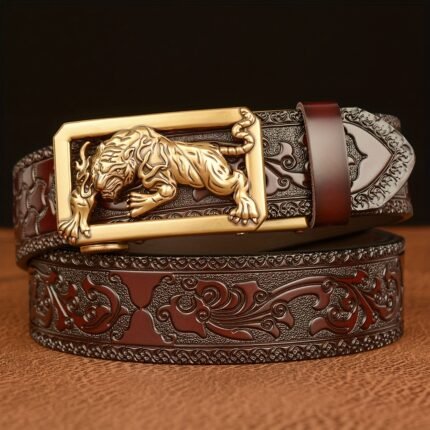 1pc Men'S Vintage Carved Alloy Automatic Buckle Belt - Black Faux Leather with Intricate Lion Design, Casual & Business Style, Perfect Gift for Him, Everyday Accessory, Stylish Belt, Durable Buckle