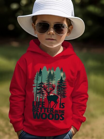 Boys' Cozy Red Hooded Sweatshirt with "Life is Better in the Woods" & Forest Deer Print - Casual Long Sleeve Pullover, 50%cotton 50%Polyester, Ideal for Outdoor Adventures