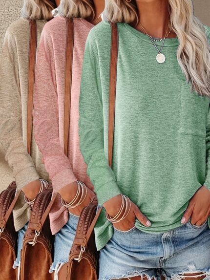 3pcs Women's Casual Long Sleeve T-Shirts with Chest Pockets - Soft Breathable Fabric, Regular Fit H-Silhouette Tops for Spring & Fall, Solid Colors (Green, Beige, Blue), Ladies T Shirts, Relaxed Fit Tee | Textured Knit Tee