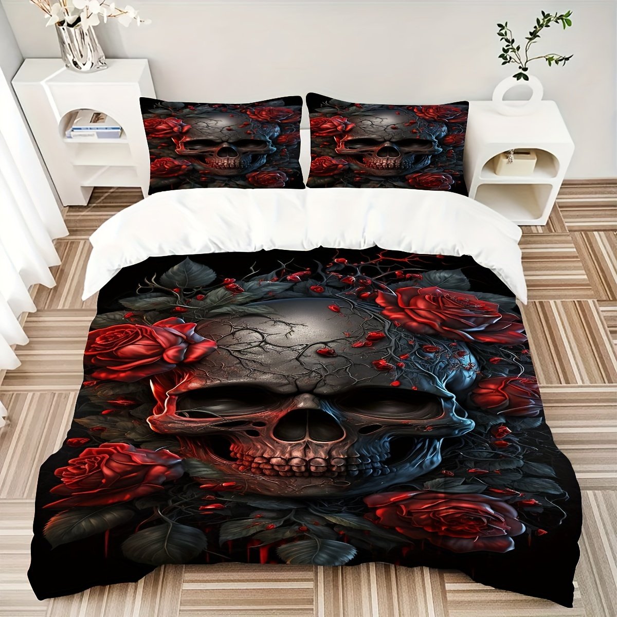 6c32367b-8946-4676-ab43-cb157f81d967.jpg 3pcs Soft & Cozy Skull Print Duvet Cover Set - Hypoallergenic, Easy-Care Polyester Bedding for All Seasons, Includes 1 Duvet Cover and 2 Pillowcases (No Insert) - Perfect for Home & Dorm Decor - Image 1