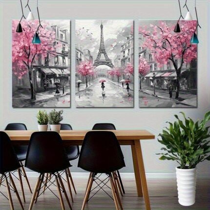 2Dflat, 3pcs Thick Wooden Frame Canvas Art, Paris Elegant Canvas Wall Art Set Triptych, Modern Home and Living Room Decoration, Wedding, Mother's Day, ramadan, Easter, Halloween, Engagement, Graduation, Anniversary Decorative Painting, 2D Flat, Perfect for Room Decor