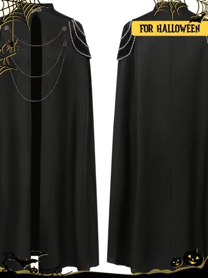 Elegant Gothic Wizard Robe with Beaded Details - Vintage-Inspired Black Polyester Cape, Stand Collar, One Size Fits Most (Height 160-180cm, Weight 70-90kg) - Ideal for Halloween & Cosplay Events, Goth Accessories