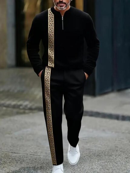 European And American Autumn And Winter New Men'S Greek Key Pattern Sports Set - Half Zipper Stand Up Collar Top, 2pcs Set with Side Tape Pants, High-Quality Polyester Fiber Fabric, Wrinkle Resistant And Easy to Maintain, Suitable for Daily Commut