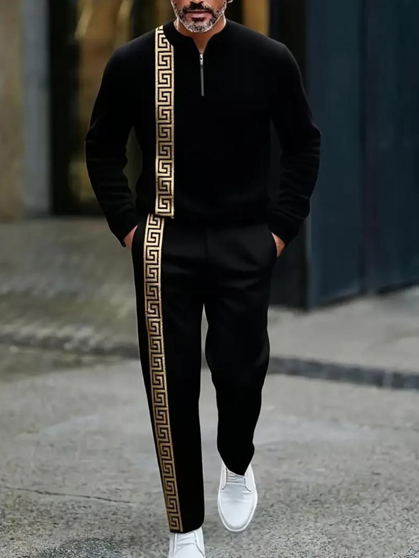 6cd045b1ac184feca35ddcc898b4516b-goods.jpeg European And American Autumn And Winter New Men'S Greek Key Pattern Sports Set - Half Zipper Stand Up Collar Top, 2pcs Set with Side Tape Pants, High-Quality Polyester Fiber Fabric, Wrinkle Resistant And Easy to Maintain, Suitable for Daily Commut - Image 1