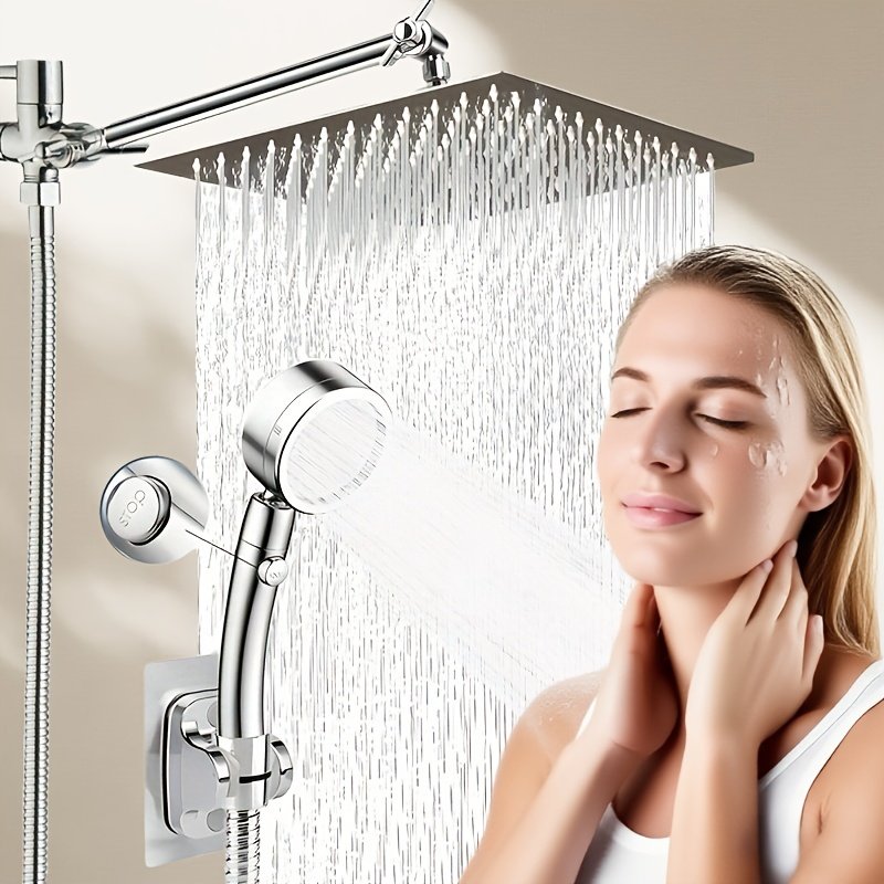6d70d8be-f23e-43ca-b707-5b322e543190.jpg 12 Inch High Pressure Rainfall Shower Head - 9 Settings Adjustable Anti-leak Shower Head/Handheld Shower Combo with 11 Inch Extension Arm and Holder/Hose - Image 1