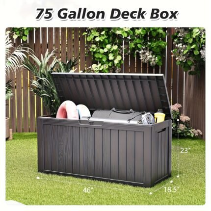 75-Gallon Heavy-Duty Outdoor Storage Box - Large Deck Box with Waterproof & UV-Resistant Construction, Double-Wall Panels - Locking Lid, Lightweight for Garden, Patio, Backyard - Organize Lawn Equipment, Hose, Packages - Easy Assembly (Black/Gray), Deck Box for Outdoor Storage, Hose Organizer, Minimalist Design, Durable Plastic, Garden Enthusiasts, Box, Cabinet, Rack for Outdoor Storage