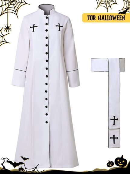 1pc Men's Vintage Gothic Priest Robe with Cross - Heavy-Duty Clerical Costume Set, Long Sleeve Button Front Closure, Stand Collar & Belt - White & Black Ecclesiastical Attire for Halloween, Church Events, Cosplay, Themed Parties - Non-Stretch Fabric, Easy Assembly, Hand Wash/Dry Clean - Ideal for Gothic Weddings, Christmas, Carnival, Anime Conventions