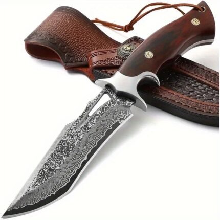 1pc Hand-Forged Damascus Fixed Blade Knife with Wooden Handle & Sheath - Stainless Steel, Flat Edge, Straight Back Design for Hunting, Fishing, DIY - Portable & Fast Cutting, Hunting Knife, Stylish Blade Design, Durable Blade