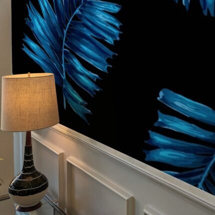 Peel and Stick Wall Mural - Waterproof Removable Self-Adhesive Vinyl Wallpaper, Reusable Boho Blue Leaf Pattern on Black Background, Contemporary Accent Wall Decor for Bedroom, Living Room, Office, TV Background - Renter-Friendly Large Wall Decal, Wall Hanging Decor, Office Decoration, Modern Home Style