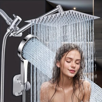 Shower Set Combo With 8-inch/10-inch Square Top Spray, Including Handheld Spray Combo Shower Head Set Three-function Handheld Shower, 11-inch Adjustable Angle Extension Arm Extra Long Hose