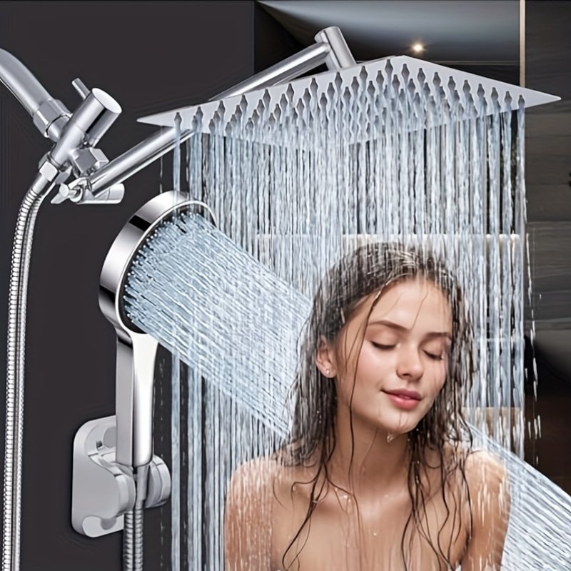 6f1f299556e3bbcb9c9f0106f604d967_1736418012027.jpg Shower Set Combo With 8-inch/10-inch Square Top Spray, Including Handheld Spray Combo Shower Head Set Three-function Handheld Shower, 11-inch Adjustable Angle Extension Arm Extra Long Hose - Image 1