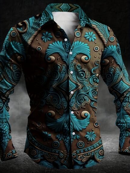 Men's Vintage Shirt - Turquoise & Brown Paisley-like Floral pattern, Button-Up Formal & Casual Attire for Parties, Travel, Casual Attire - Machine Washable Non-Stretch Fabric, Vacation Clothing, Ethnic Style Shirt, Nontransparent Fabric, Travel Clothing, Retro Fashion, Durable Material, Long Sleeve Shirt, Fashion Enthusiasts