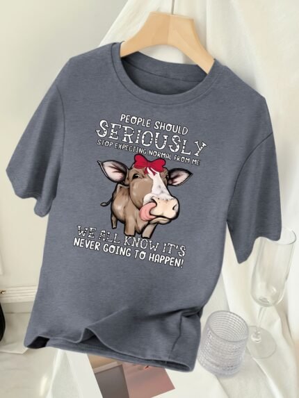 Plus Size Women's Humorous Cow Graphic & Letter Print T-Shirt - Vibrant Turquoise Short Sleeve Crew Neck Casual Top, Lightweight Breathable Fabric for Spring & Summer, Machine Washable, Cow Print Clothes, Casual Attire, Playful Lettering Tee, Durable Comfort