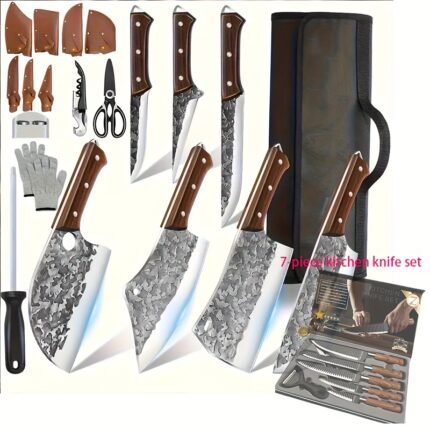 14pcs Chef Knife Set with Case, Hand-Forged Butcher Knife Set, Carving Bone, Meat Cutting, Vegetable Chopping, Camping Outdoor BBQ Hunting Tools and Equipment, Holiday Gift