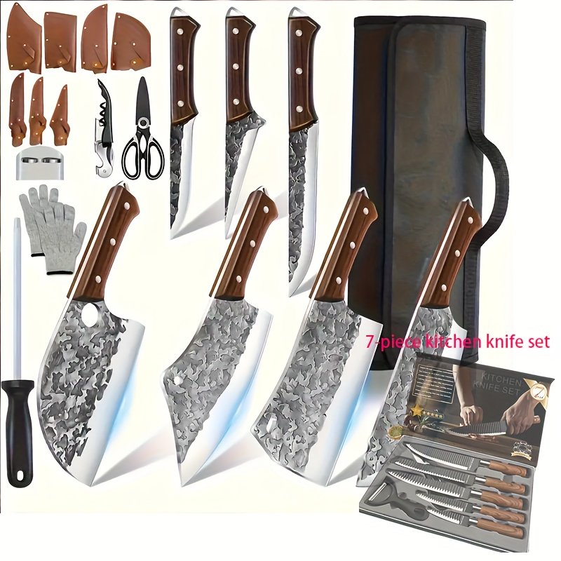 720f7d2a-18f7-4bda-8e8b-ec40d2addd8d.jpg 14pcs Chef Knife Set with Case, Hand-Forged Butcher Knife Set, Carving Bone, Meat Cutting, Vegetable Chopping, Camping Outdoor BBQ Hunting Tools and Equipment, Holiday Gift - Image 1