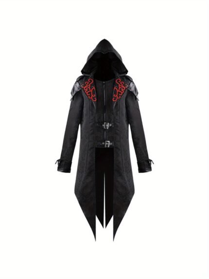 Men'S Gothic Medieval Halloween Costume Jacket - Black with Red Accents, Loose Fit, Long Sleeve, Zip-Up, Perfect for Role-Playing, Stage Performances, and Masquerade Parties, Halloween Costumes