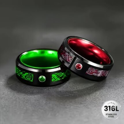 2pcs Celtic Dragon Design Rings Set, 8mm Synthetic Zirconia Inlay, Fashionable 316L Stainless Steel, Unisex Wedding Band, Valentine'S Day, Christmas, Father'S Day Gift