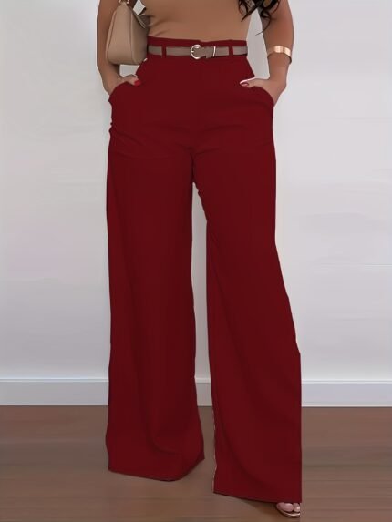 Plus Size - Plus Size Women'S High-Waist Wide-Leg Pants - Solid Color, Polyester, Machine Washable, Comfort Fit for All Seasons, Versatile Fashion | Vibrant Look