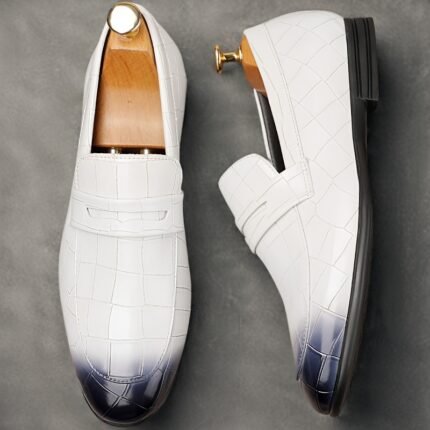 Men's Breathable White Leather Loafers - Slip-On Casual & Business Shoes with Diamond Pattern, Comfortable for Casual Attire, Weddings, and Parties, Dressy Shoes
