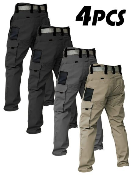 4PCS Men's Straight barrel Cargo Pants - Quick-Dry, Multi-Pocket, Wear-Resistant, Polyester Fabric, Solid Color, Fit for Outdoor Activities, Hiking, Camping, Beach, Running, Training - Four Seasons Sports Style
