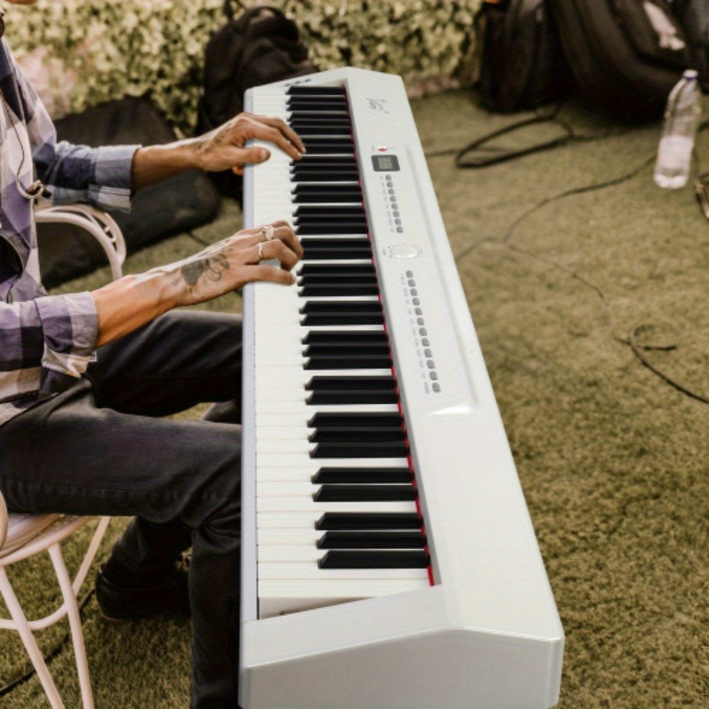 7573eb6bcb5643f0b1fed6fab71c6c0a-goods.jpeg GPP-105 88-Key Full-Size Semi-Weighted Digital Piano with Dual-Tube X-Shape Stand - Elegant White, USB-Powered, 36V Safe Operation, No Battery Needed, Portable for Home & Studio Use, Piano Accessories, Modern Aesthetic, Sleek Design, Durable Construction, Highquality Keys, Music Students - Image 1