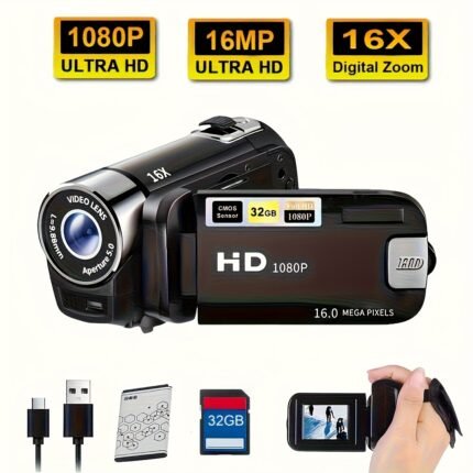 A Camera with A 270° Rotating LED Flip Screen, Equipped with A 32GB Memory Card 16x Digital Zoom Camcorder, 1080P, 2.4-inch Screen Display, New High-definition Wide-angle Camera, Portable Camcorder, Suitable for Home And Outdoor Recording, A Camera for Both Photography And Video Recording, Perfect for Outdoor Shooting, Travel, Parties, And Concert Built-in Battery And Comes with A USB Charging Cable