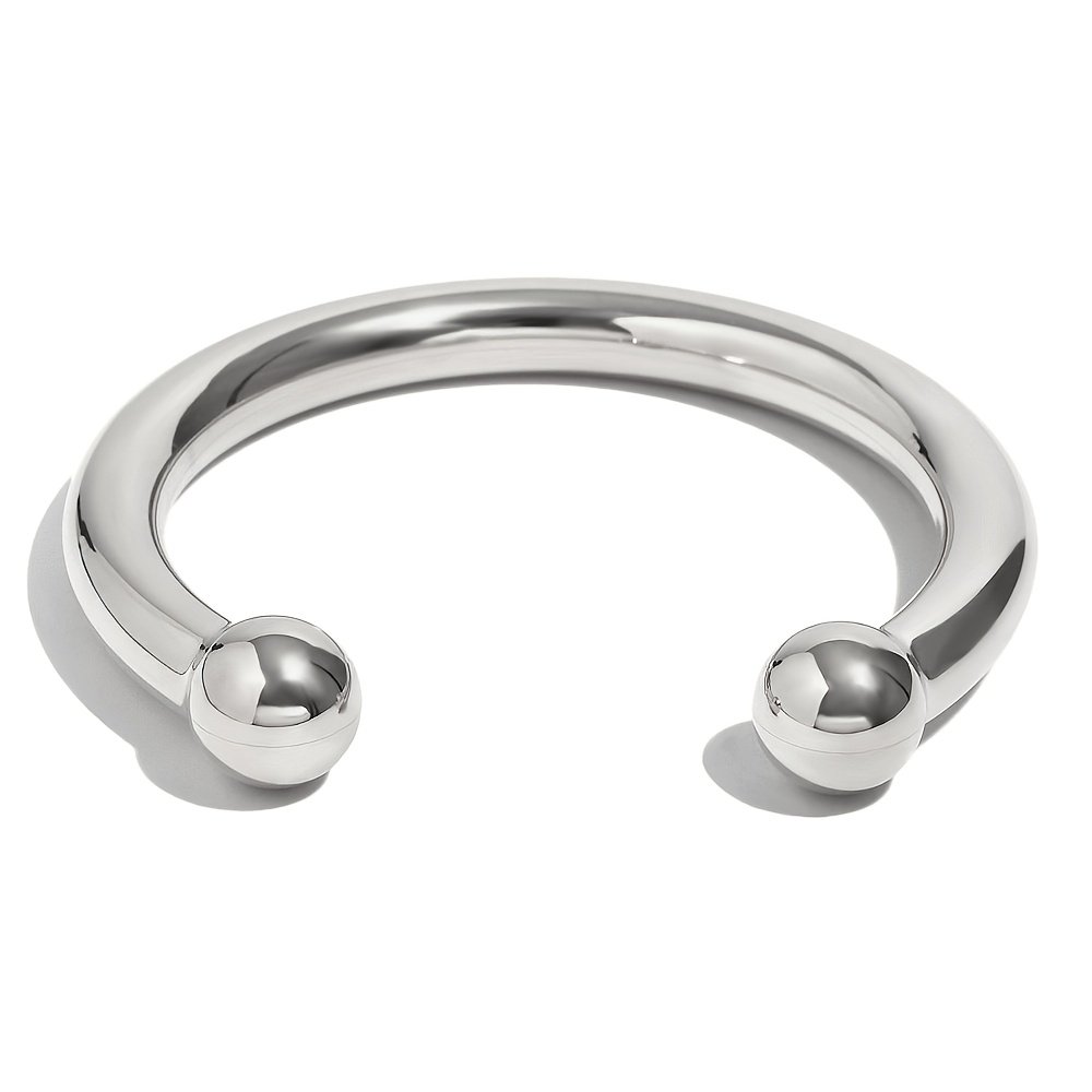 76885700-7fec-4b5c-a7ef-cf71ab7b454b.jpg 1pc Stainless Steel Minimalist Polished Hoop Bracelet with Two Spherical Beads - Unisex Jewelry for Men & Women, Everyday & Party Wear, Year-Round Versatile Accessory, Versatile Jewelry | Modern Jewelry | Sleek Design - Image 1