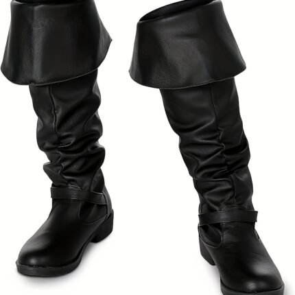 Men's Medieval Pirate Boots - Heavy-Duty PU Construction with Buckle Strap Closure, Slip-Resistant Sole - Gothic Renaissance Costume Boots for Halloween, Renaissance Fairs, Cosplay - US Men's Size 11 (Black) - Historical Boot for Pirate, Knight, Viking - Comfortable & Durable PU Material, Loose Fit with Cushioned Insole, Glossy Finish for Themed Events