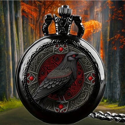 Gothic Raven Pocket Watch Necklace - Quartz Movement Alloy Case & Band, Black with Red Accents, Autumn Forest Aesthetic Jewelry, Non-Waterproof for Casual Attire, Stylish Accessory, Decorative Chain