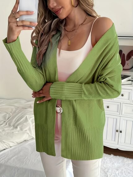 Elegant Long Sleeve Cardigan for Women - Chic Solid Color Open Front Sweater with Pockets, Medium Stretch, Drop Shoulder Design, Perfect for Fall/Winter, Plus Size Friendly, Casual Elegance | Chic Long Sleeve | Elegant Knitwear, Sweater Ves