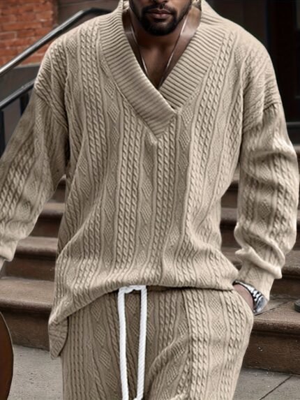 Men's Autumn Winter Jacquard Knit V-Neck Sweater - Soft Warm Long Sleeve Casual Lapel Pullover, H-Fit Solid Black, Easy Care Hand Wash/Dry Clean, Versatile for Everyday & Formal Wear, Sweaters for Men Winter, Winter Stripe Knitwear for Men, Cable Knit Sweater, Winter Sweaters for Men