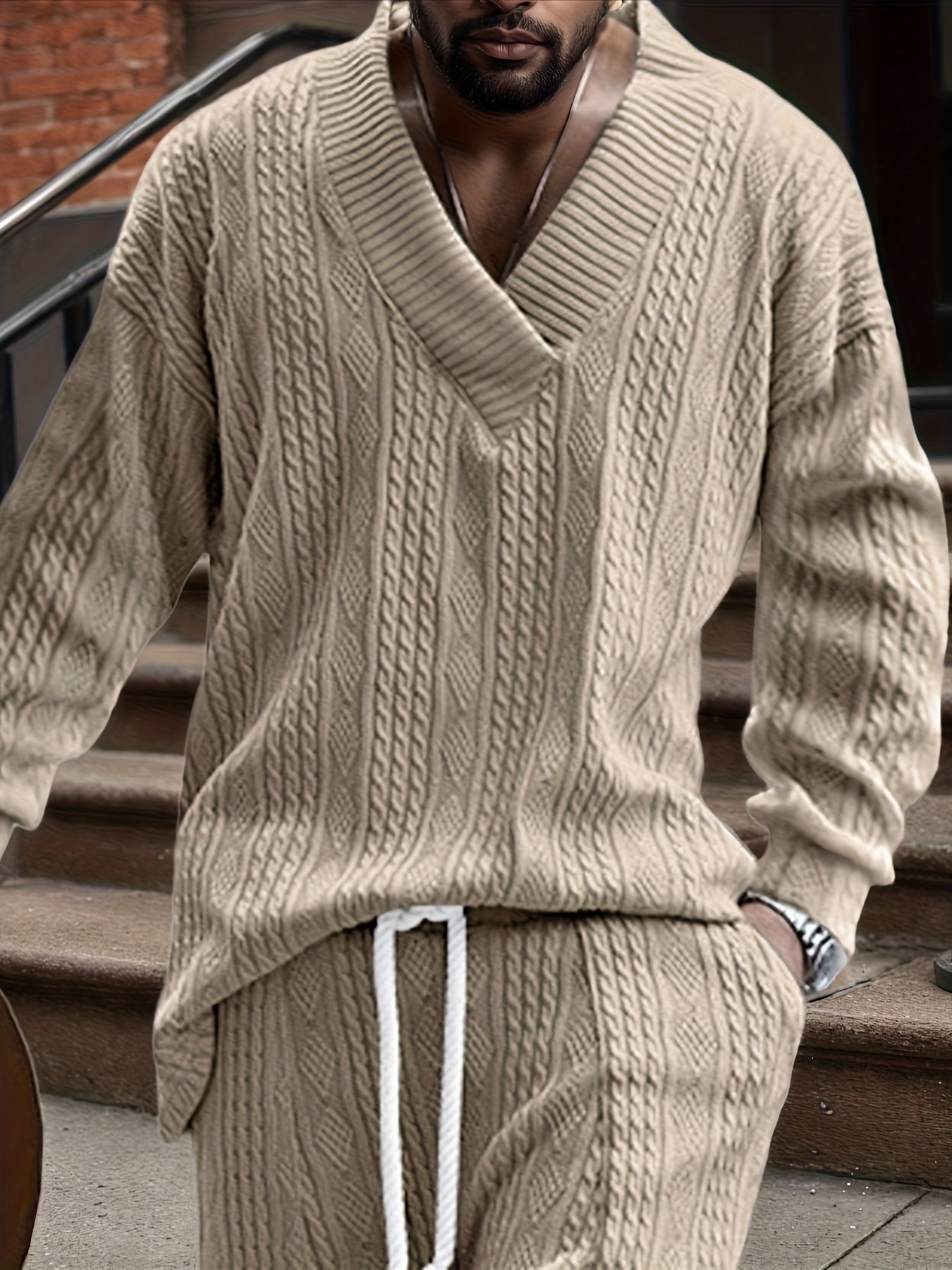 77beaa03-4ae5-4834-82b9-9c2267fc50ce.jpg Men's Autumn Winter Jacquard Knit V-Neck Sweater - Soft Warm Long Sleeve Casual Lapel Pullover, H-Fit Solid Black, Easy Care Hand Wash/Dry Clean, Versatile for Everyday & Formal Wear, Sweaters for Men Winter, Winter Stripe Knitwear for Men, Cable Knit Sweater, Winter Sweaters for Men - Image 1