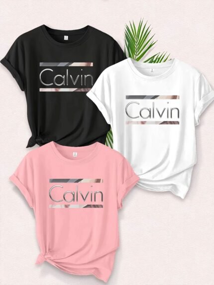 3pcs Women'S T-Shirts - Soft, Breathable, Casual Crew Neck Short Sleeve Tees with "Calvin" Print in Black, White, and Pink - Perfect for Spring/Summer, Available in Multiple Colors from Local Warehouse, Casual Wear | Minimalist Design | Breathable Fabric