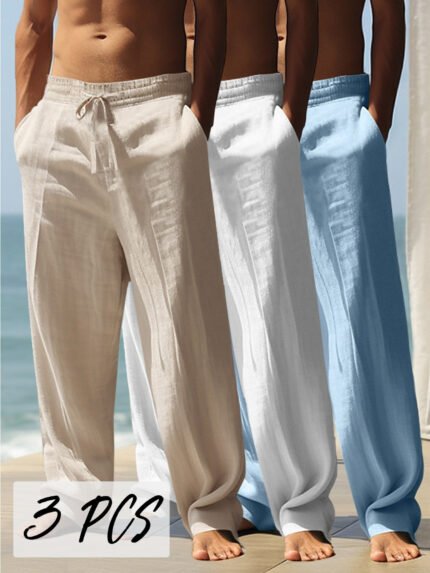 3pcs Men'S Casual Straight-Leg Pants, Flowy and Draping Men'S Casual Trousers, Summer Fashion Outdoor Walking Camping Vacation Pants, Cool Breathable Soft Comfortable Trousers, 3pcs Set, Can Be Given As a Gift