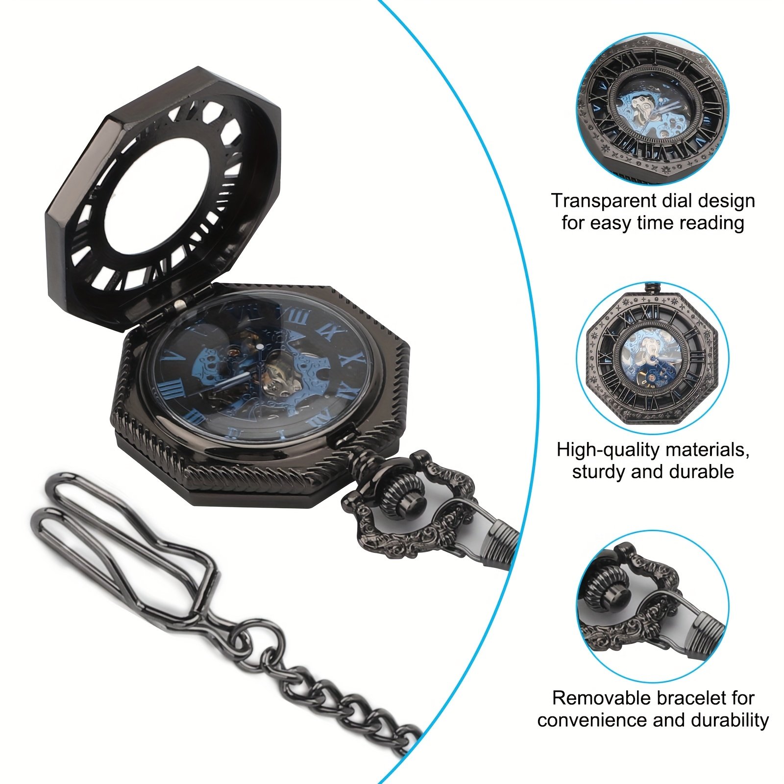 78d1e2be-512a-487f-93d0-e02ad83320a1.jpg Men's Vintage Mechanical Pocket Watch - Octagonal Skeleton Case, Manual Winding Mechanical Movement, Roman Numerals Dial - Antique Pocket Watch with Chain - Ideal Gift for Christmas, Halloween, Thanksgiving - Everyday & Special Occasion Timepiece, Collector's Item, Classic Elegance, Detailed Craftsmanship, Fashion Enthusiasts - Image 1