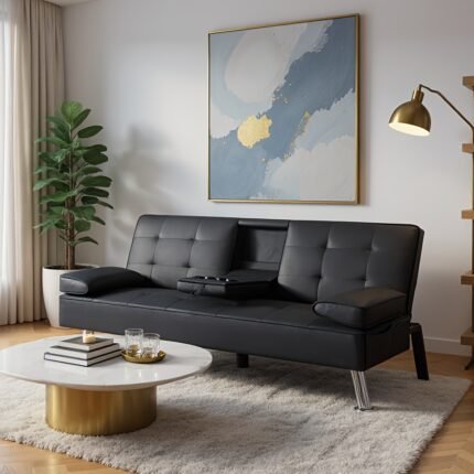 65.5" Futon Sleeper Sofa Bed, Drop Down Middle Back With 2 Cup Holders.has 3 Adjustable Positions, Metal Chrome Plated Metal Feet