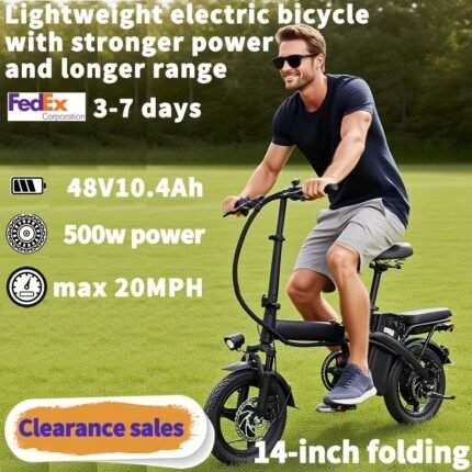 14-Inch Lightweight Folding Electric Bike, 500W Motor, 20 MPH, Long-Lasting Battery Life with Removable 48V 10.4AH Lithium Battery, Front Light & Disc Brake, Alloy Steel Frame, Black - Urban Commuter Style, Durable Design, Perfect Gift for Adults (Clearance Deal)
