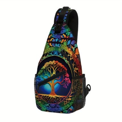 Bohemian Retro Crossbody Bag for Men - Vibrant Tree Design with Colorful Leaves, Adjustable Strap, Perfect for Daily Commute & Outdoor Hiking, Machine Washable, Casual Style, Secure Zipper Closure