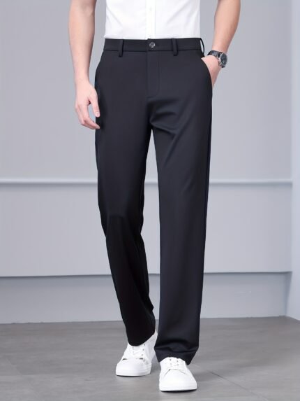 Men'S Slim-Fit Stretch Dress Pants with Embroidered Logo - Black, Button-Fly, Mid-Rise, Comfortable & Wrinkle-Resistant for All Seasons, Casual to Formal Wear, Formal Attire, Sleek Appearance, Durable Fabric