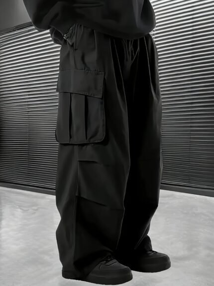 Men'S Plus Size Cargo Pants - Spring & Fall Casual Style, Four-Season Outdoor Multi-Pocket Straight Leg Trousers With Drawstring, Versatile Fashion, Wide Leg Design, Casual Wear Pants | Trendy Cargo Pants | Comfortable Fit Pants