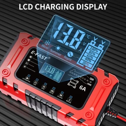 Car Battery Charger With LCD Display Smart Trickle Charger For Cars, Trucks, Motorcycles, ATVs, Boats, And RVs Red & Black Design, Durable ABS Plastic, Handy Carry Handle, Rv Power Supply Rugged Design Ergonomic Handle, Portable Charger, Without Battery