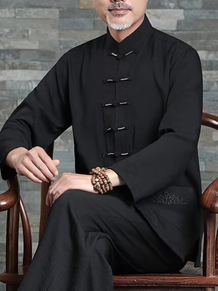 Classic Chinese Hanfu Style Traditional Polyester Tang Jacket, Comfortable Long Sleeve, Mandarin Collar, Solid Color, Non-Stretch Fabric, Regular Fit, with Embroidery Detail for Spring/Fall