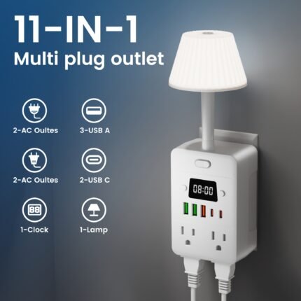 11-in-1 Multifunctional Power Strip With Built-in Overload Protection.1 Desk Lamp, 1 Digital Display Clock, 4 Power Outlets, 3 USB-A And 2 USB-C.Power Extender, Power Outlet Converter, Wall-mountable Desktop Charging Station For School, Home, Office. Available In White Or Black.